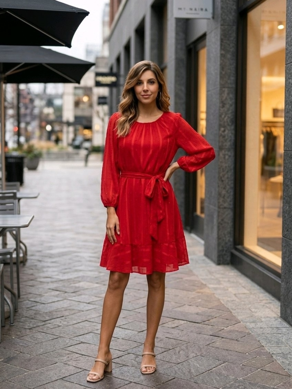 DKNY Red Long-Sleeve Tie-Waist Midi Dress